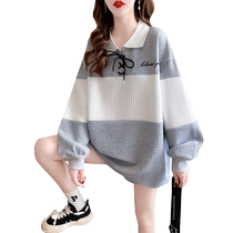 Plus size womens polo collar waffle sweatshirt womens spring 2023 new loose Korean style early spring top jacket