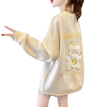 Plus size womens waffle bear sweatshirt womens autumn and winter 2022 new top loose Korean style velvet thickened jacket