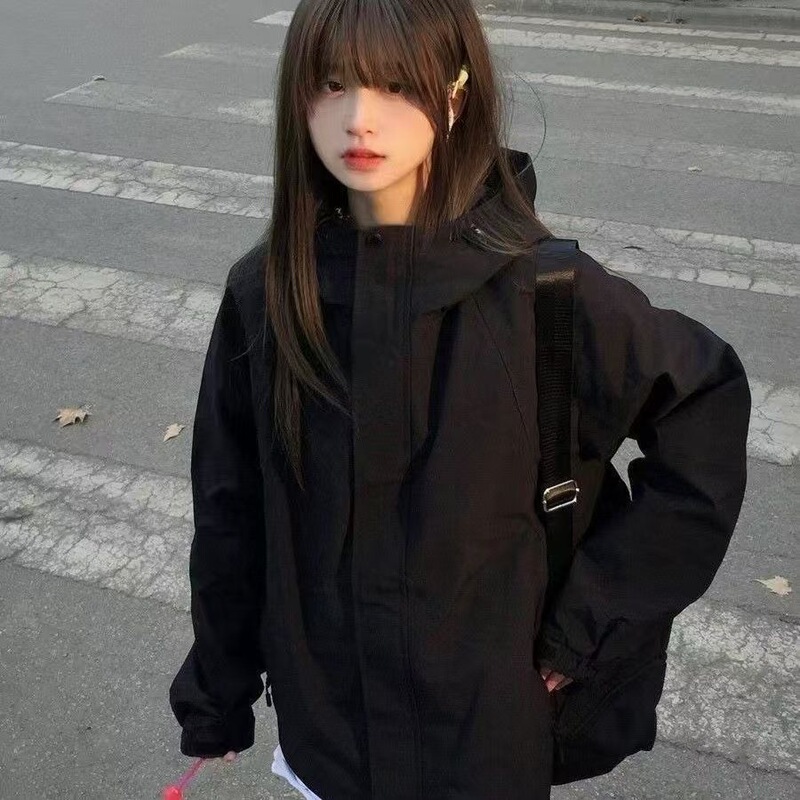 Black American-Style Windbreaker Jacket, New Spring and Autumn Model, Casual Outdoor Cycling Loose Windproof Casual Workwear Jacket