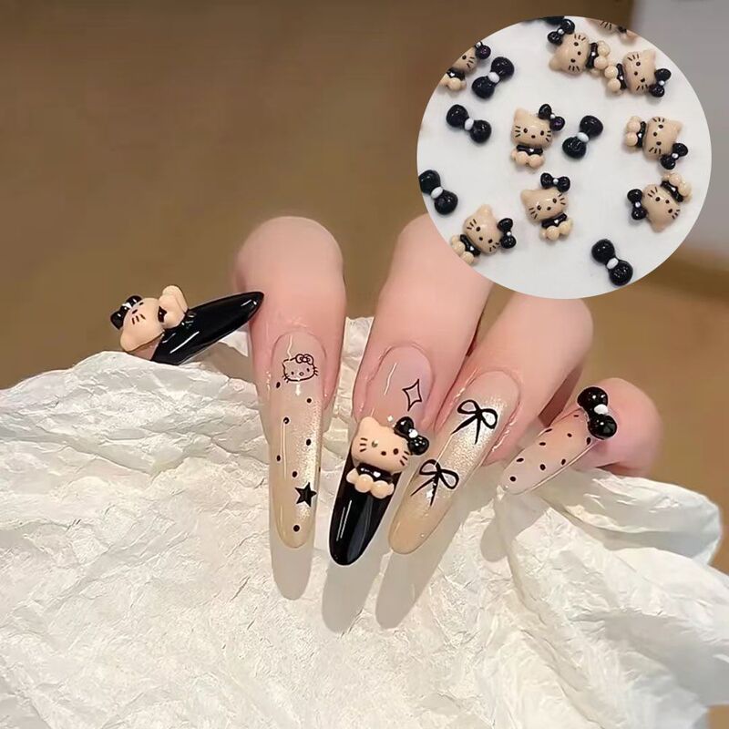 Trendy Autumn and Winter Black Leather Cartoon Cat Nail Art Accessories, Three-Dimensional Black Bow, Coffee-Colored Kt Cat Nail Decorations