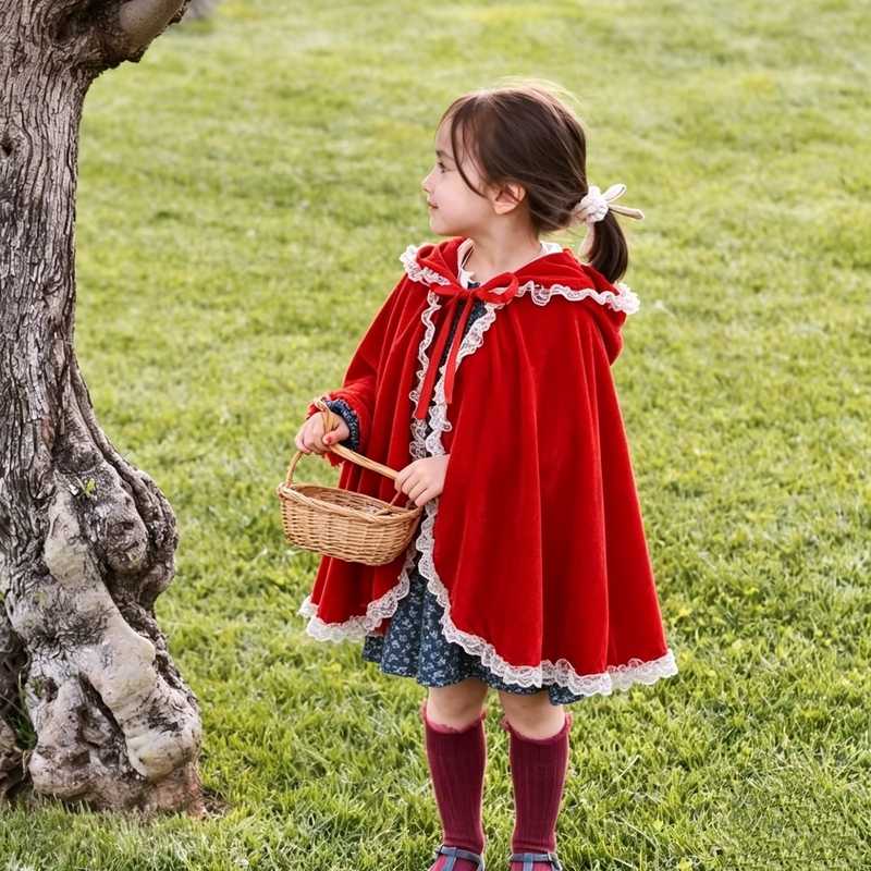 Children's Drama Little Red Riding Hood Cosplay Costume Stage Performance Costume Red Cape Lace Hooded Shawl Children's Drama Little Red Riding Hood Cosplay Costume Stage Performance Costume Red Cape Lace Hooded Shawl