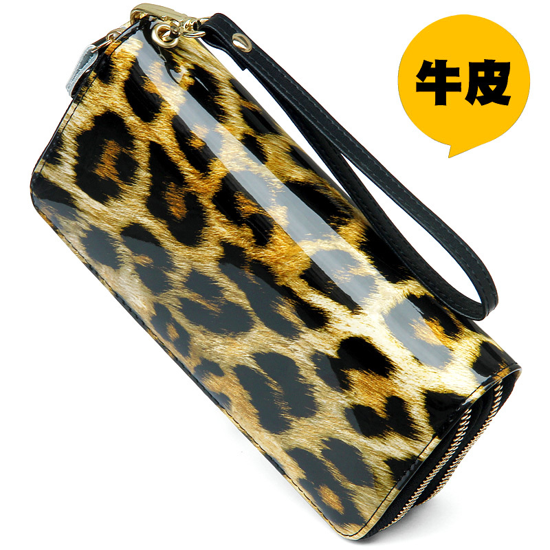Cowhide Wallet, Long Style, Women's Genuine Leather Fortune Bag, Leopard Print, High-End Feel, Large Capacity, Double Zipper, Hand-Held Phone Bag, Wrist Strap