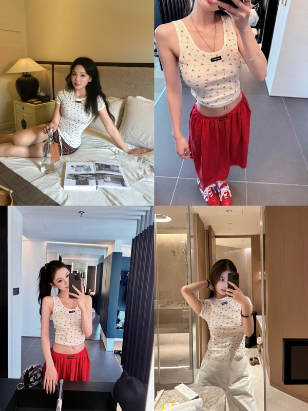 Rizzma Mi*U Series Retro Floral Layered Round Neck T-Shirt Slim Fit Sleeveless Camisole Top for Women
