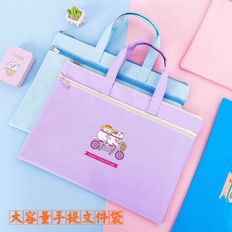 Portable file bag a4 zipper children's tutorial bag large-capacity multi-layer canvas waterproof cartoon elementary school students use classification remedial bag thickened test paper storage bag hand-carried information bag production test pregnancy test bag