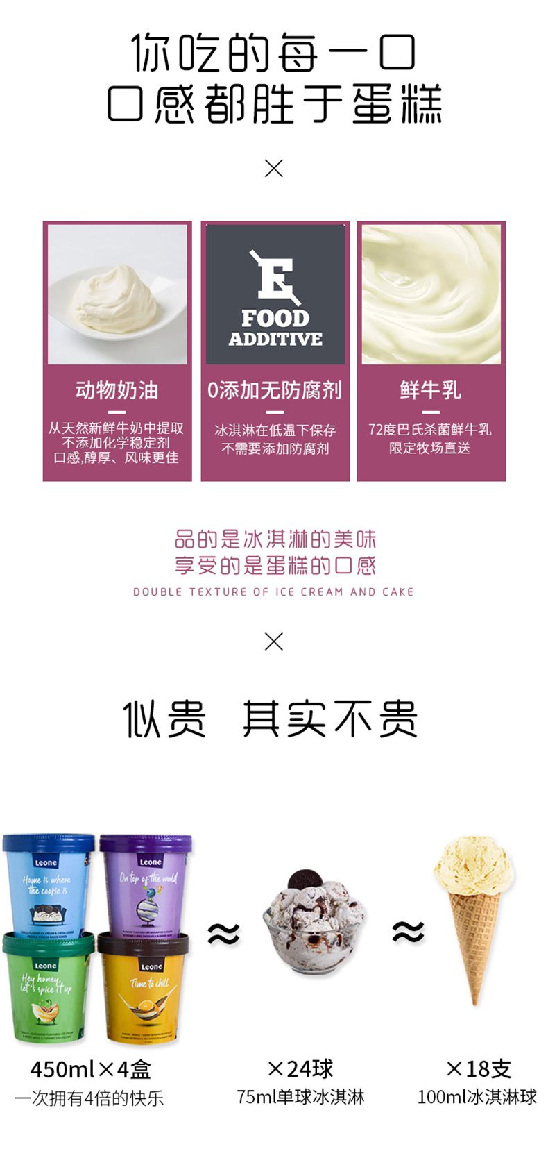 欧洲进口 Leone莱奥妮 鲜奶冰激凌 450ml*3件 图4