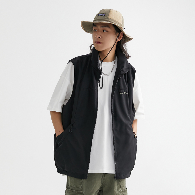 Hold Color American-Style Trendy Brand Multi-Pocket Embroidered Stand-Up Collar Vest Sleeveless Jacket for Men and Women ins Trendy Outerwear