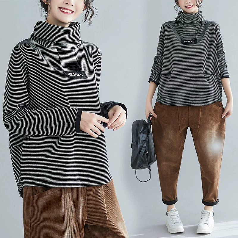 Cộng với kích thước của phụ nữ 200 catties mùa thu và mùa đông lỏng lẻo nghệ thuật sọc vá cổ cao áo sơ mi đáy quần giản dị tất cả các trận đấu áo len - Thể thao lông cừu / jumper