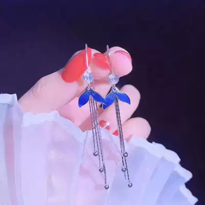 Dolphin fish tail tassel earrings female sterling silver 2020 New Tide ear refining Korean temperament Net red one-piece earring