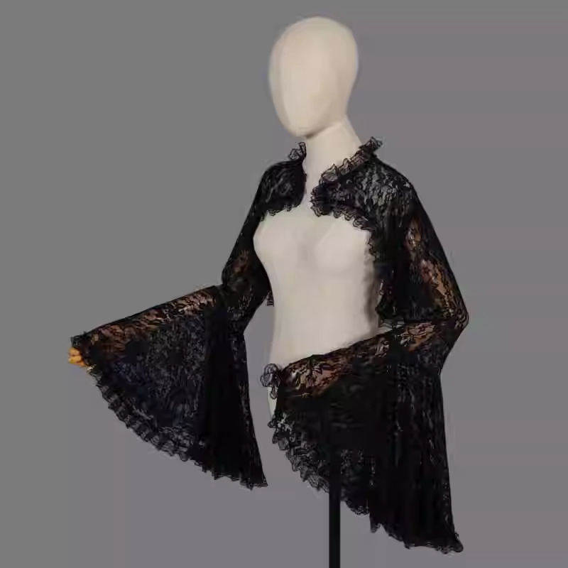 French-Style New Black Lace Long Bell-Sleeve Top with Cheongsam, Sexy Hollow-Out Lace Blouse, Vintage Long-Sleeve Shawl Cover-Up