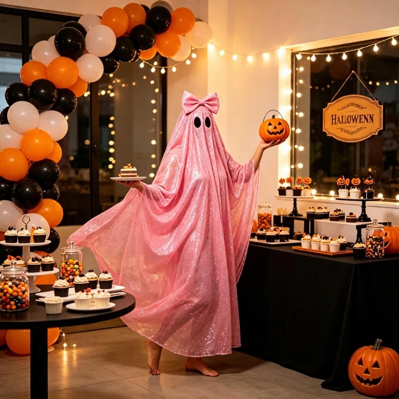 Disco Ghost Costume Adult Halloween Pink Shiny Ghost Cloak Cosplay Outfit Big Bow Cape Robe* Disco Ghost Costume Adult Halloween Pink Shiny Ghost Cloak Cosplay Outfit Big Bow Cape Robe*