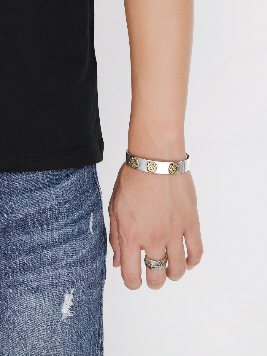 S GLOSSY FLAT DOTTED GOLD ROSE FLOWER BRACELET MENS HIP HOP TREND PERSONALITY FLYING BIRD PRINTING PLATFORM OPEN BRACELET