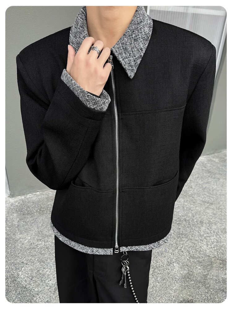 Джинсовая рубашка 美式复古短款垫肩小香风夹克cleanfit撞色拼接翻领外套男宽松上衣