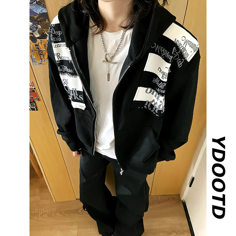 American-Style Letter Patch Print Suede Hooded Sweatshirt for Men and Women, High-End Silhouette, Regular Shoulder Cardigan Jacket