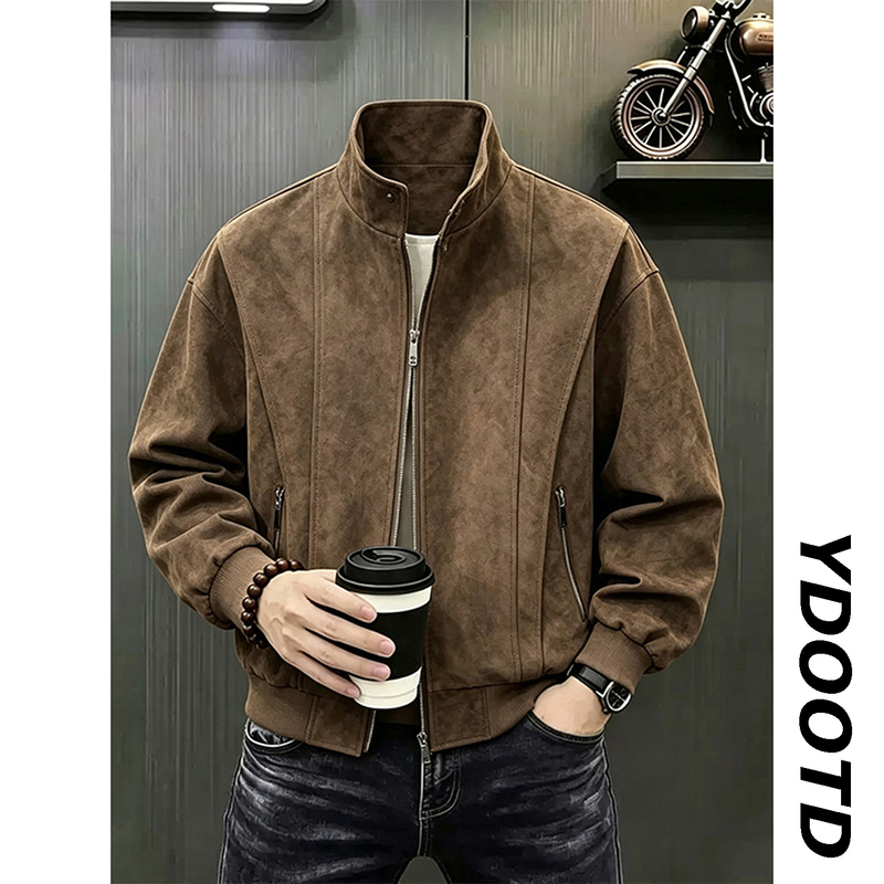 Maillard Brown Suede Short Stand-Collar Jacket for Men, Autumn American Retro Workwear Baseball Jacket Silhouette Jacket