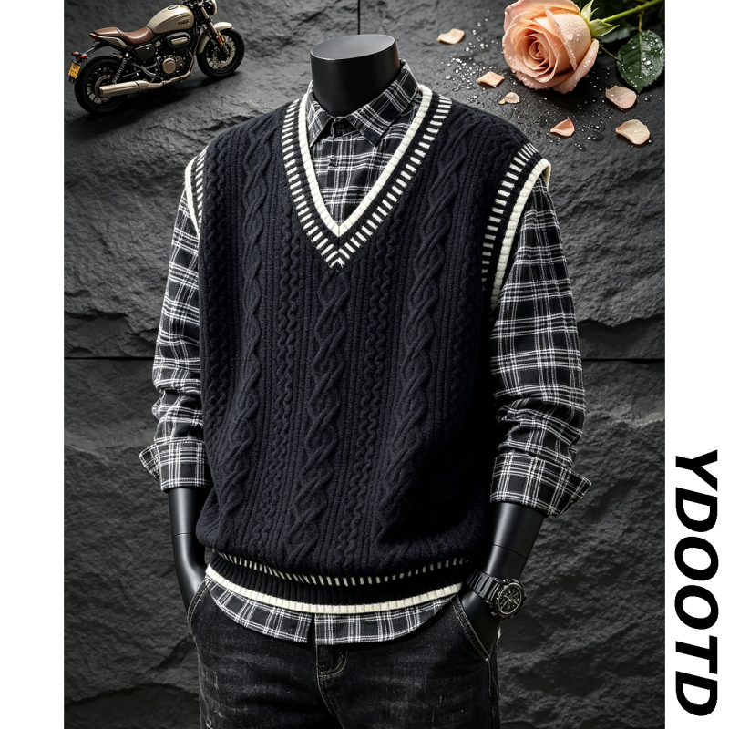 Academy-Style Cable-Knit Pullover Vest for Men and Women, Black V-Neck Knit Vest, Layered Sleeveless Sweater Academy-Style Cable-Knit Pullover Vest for Men and Women, Black V-Neck Knit Vest, Layered Sleeveless Sweater