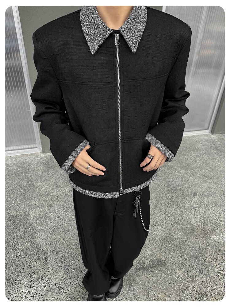 Джинсовая рубашка 美式复古短款垫肩小香风夹克cleanfit撞色拼接翻领外套男宽松上衣