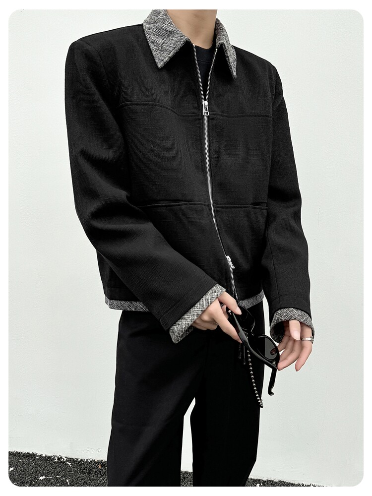 Джинсовая рубашка 美式复古短款垫肩小香风夹克cleanfit撞色拼接翻领外套男宽松上衣