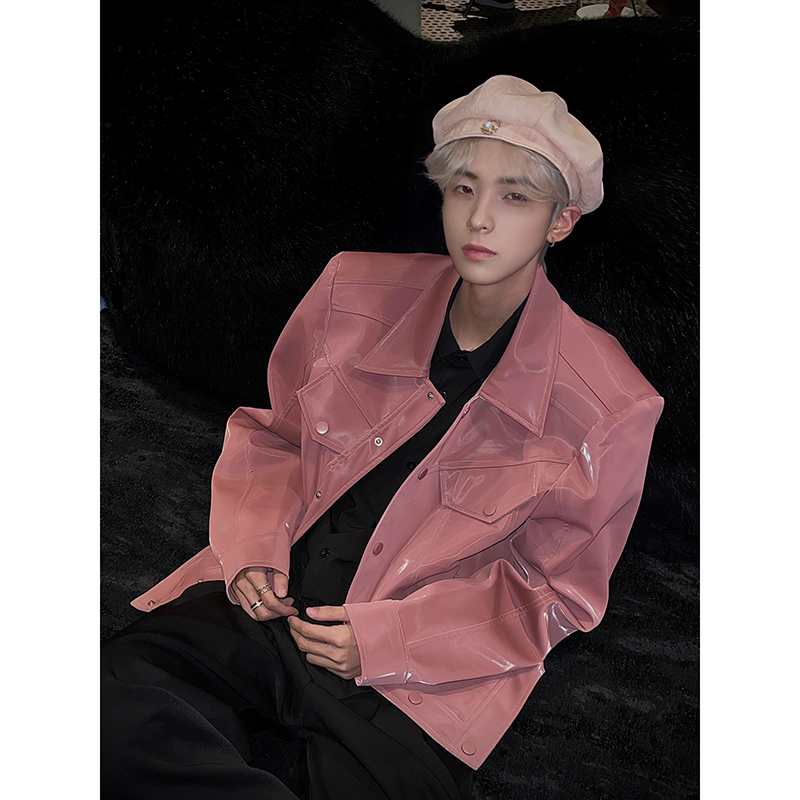 European and American High Street Hip-Hop Jacket for Men, Trendy and High-End Pink Glossy Pu Leather Jacket with Unique Design