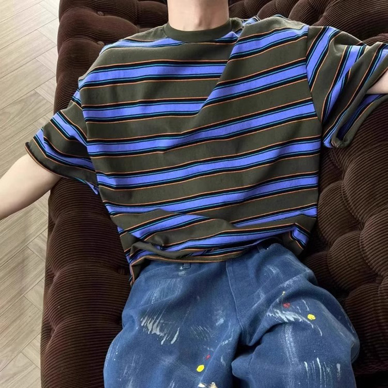 Джинсовая рубашка 重磅紫色条纹短袖t恤cleanfit美式休闲半袖上衣高级感小领口体恤