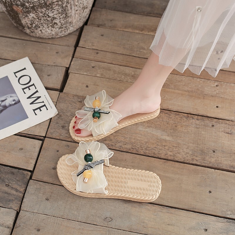 Summer Sandals for Women, Suitable for Outdoor Wear, Beach Vacations, Casual Fairy Style, Sweet and Fashionable, Ins-Style Bowknot Slide Sandals