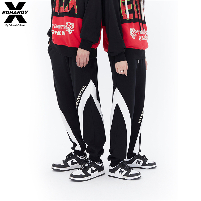 Edhardyx Spring and Autumn Rhinestone Ski Tiger Head Black and White Color-Blocking Sports Pants Sweatpants Casual Pants Trendy Edhardyx Spring and Autumn Rhinestone Ski Tiger Head Black and White Color-Blocking Sports Pants Sweatpants Casual Pants Trendy
