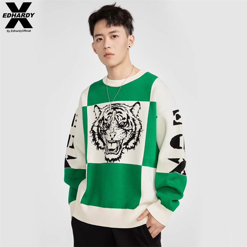 Edhardyx Winter Tiger Head Trendy Jacquard Loose Pullover Crew Neck Sweater Popular Unisex Couple Style Men's