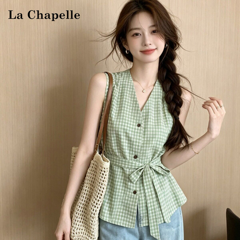 La Chapelle Mature Hong Kong Style V-Neck Plaid Sleeveless Shirt for Women Summer 2026 Outerwear with Ribbon Vest Top La Chapelle Mature Hong Kong Style V-Neck Plaid Sleeveless Shirt for Women Summer 2026 Outerwear with Ribbon Vest Top