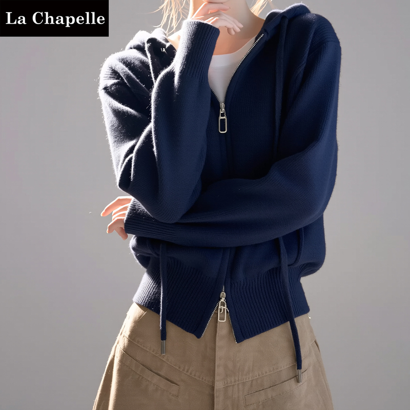 La Chapelle Double Zipper Hooded Long-Sleeve Knit Cardigan for Women 2025 Autumn and Winter Loose Slimming Outerwear Sweater La Chapelle Double Zipper Hooded Long-Sleeve Knit Cardigan for Women 2025 Autumn and Winter Loose Slimming Outerwear Sweater