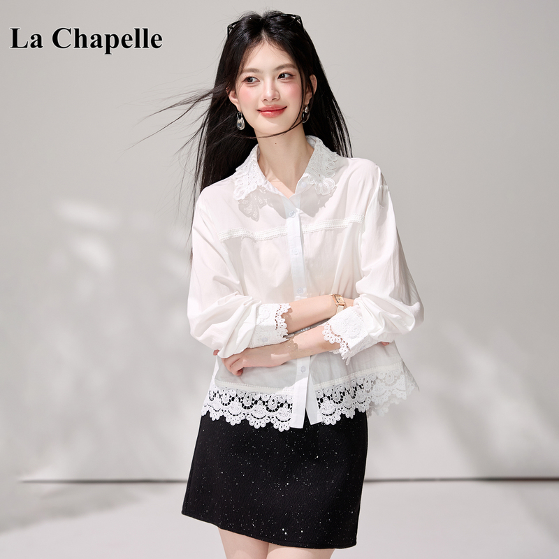 La Chapelle Korean-Style Lace Patchwork Shirt for Women, Spring and Autumn Long-Sleeve Loose Versatile White Shirt with Lace Trim, Suitable for Commuting