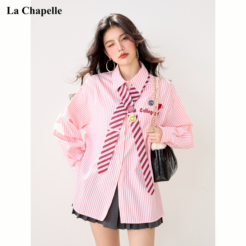 La Chapelle Pink Loose Striped Shirt for Women 2026 Spring American Sweet Retro College Style Shirt Top