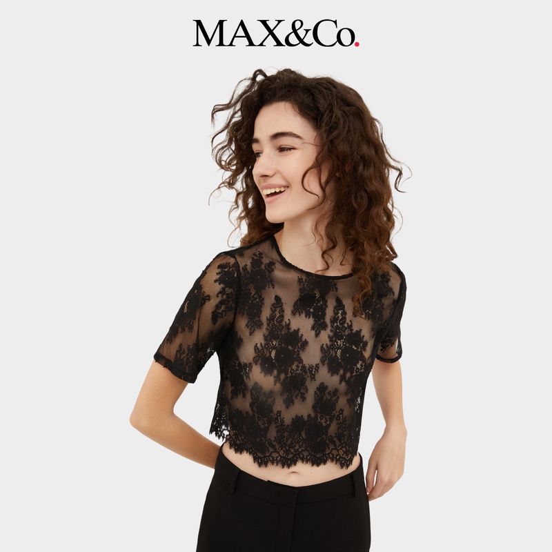 Max&Co. Women's Black Short Lace-Trimmed Short-Sleeved T-Shirt Top 6971024102