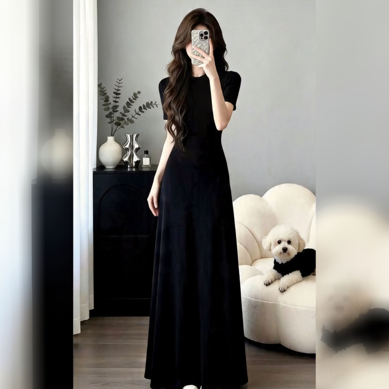 Hepburn-Style Black Dress for Women, 2026 Summer New Model, High-End, Elegant, Waist-Cinching, Simple, Casual Long Dress