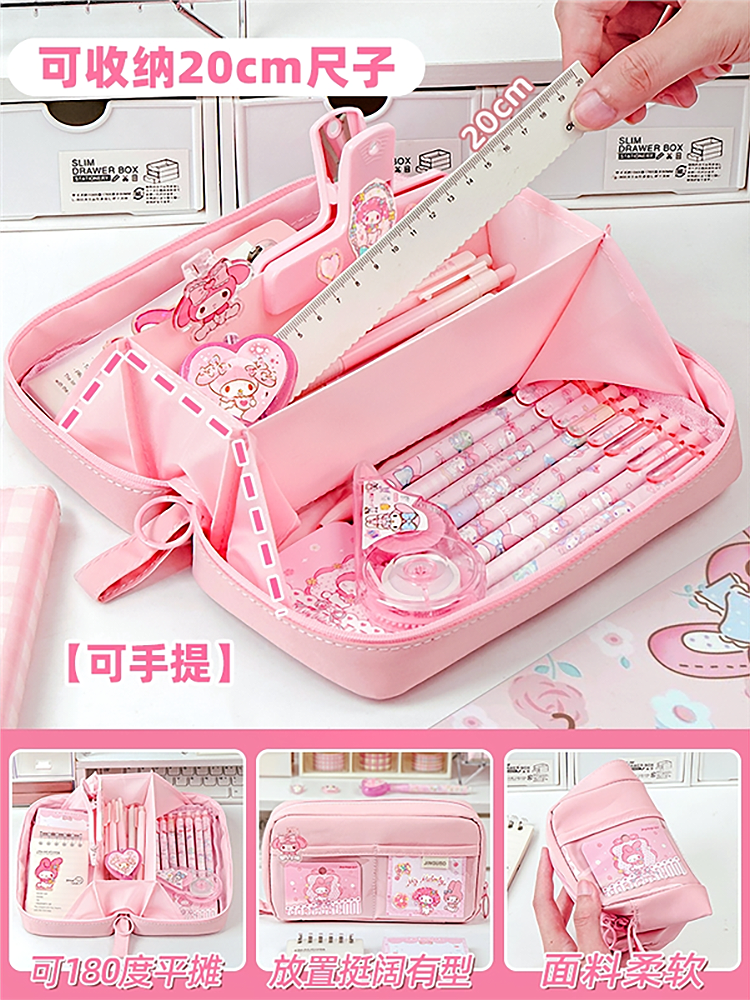 My Melody 5-Layer Extra-Large Capacity Pencil Case for Girls, Stationery Box for Female Elementary School Students, 2025 New Model Pencil Case for Middle School Students, High Aesthetic Value, Comes with Sanrio Kuromi Stickers, Transparent Girl Version