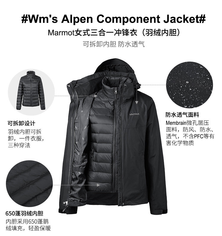 双11日预告 Marmot 土拨鼠 羽绒内胆 女式户外三合一冲锋衣 L49390 凑单折后￥760包邮（限2小时）