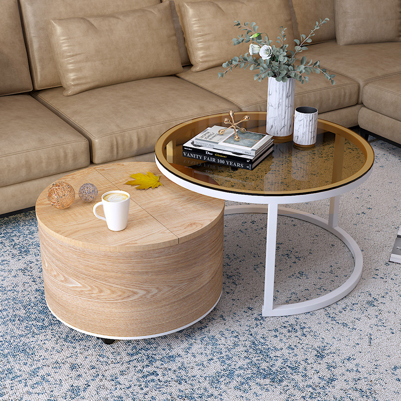 Solid wood coffee table table small apartment light luxury modern minimalist Nordic living room home round glass telescopic combination table