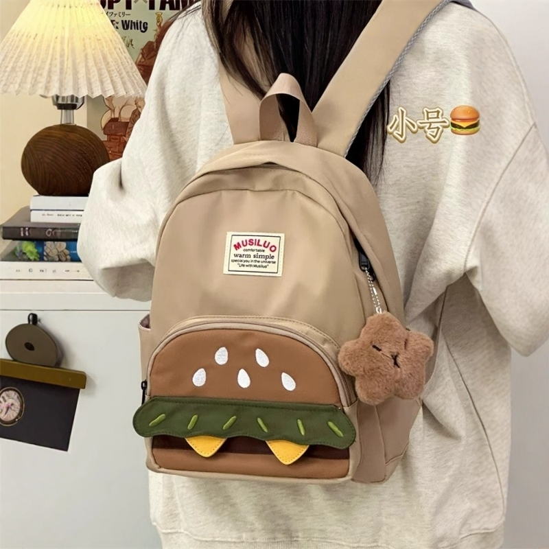 French Cevirl Klosn Hamburger School Bag Junior High School Girls Cute Cartoon College Student Backpack Lightweight Backpack