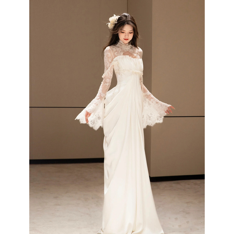 Beautiful Light Wedding Dress, Bride's Wedding Morning Gown, Long-Sleeved French-Style Reception Dress, Forest-Style Super Fairy Light Luxury Fishtail Wedding Dress