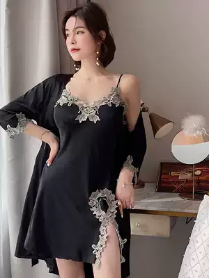 Sexy pajamas female ice silk suspenders nightgown summer thin hot with chest pad lace spring and autumn robe two-piece set