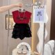 ຊຸດເດັກນ້ອຍຍິງ 2023 Summer Style Korean Style Cake Pants Skirt Slim Casual Pleated Top two-piece Trendy Set