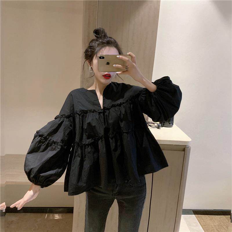  Spring and summer new design senses small crowdshirts women's Korean version of sweet and beautiful relaxed 100 hitch-shirt fluffy blouses