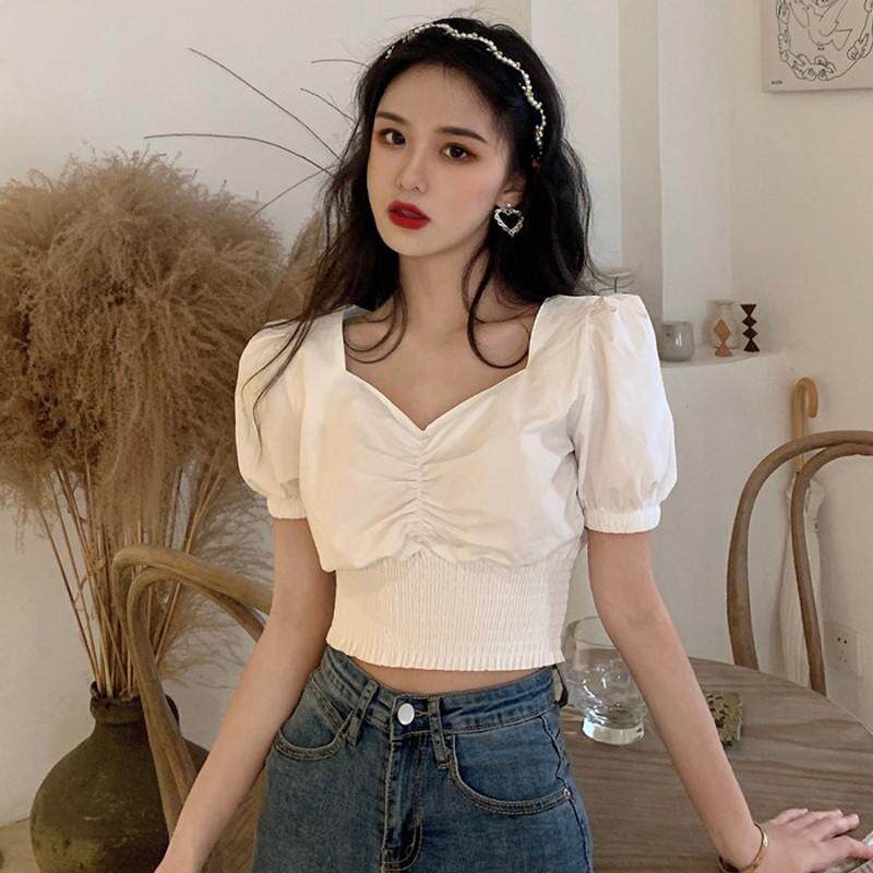 Bubble Cuff Blouse Woman Short 2020 Summer new Ruvel style High waist design Sensation Little White Shirt Tide