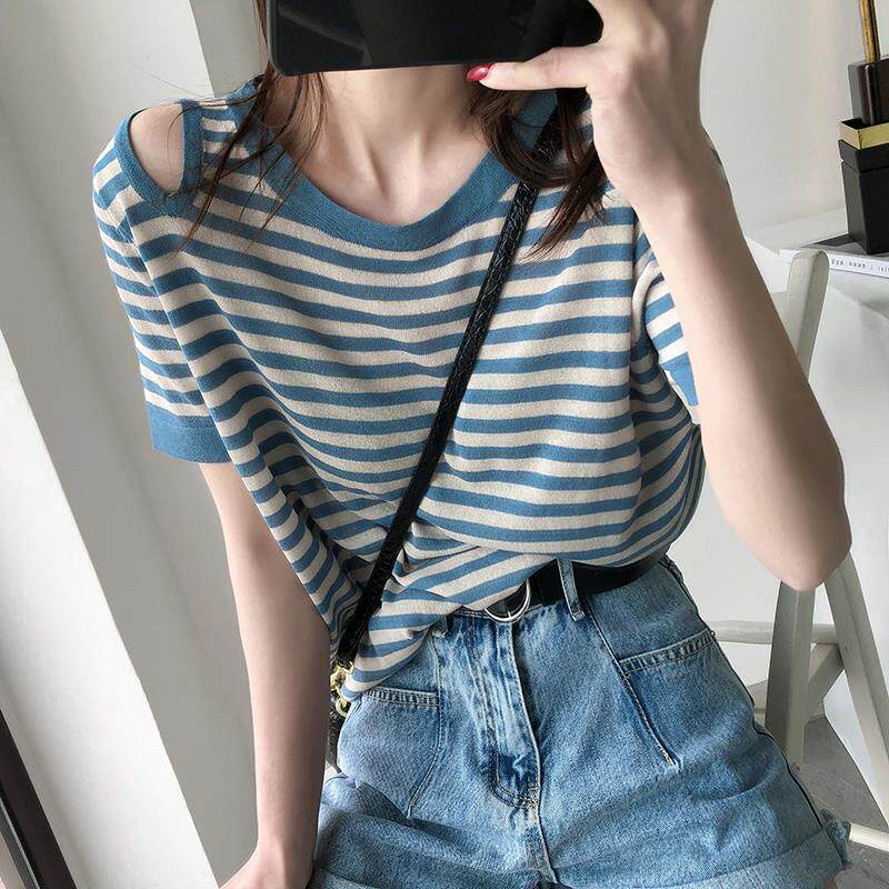 Ice wire knitted shirt short sleeve summer smile shoulder striped T-shirt loose Han edition with a thin coat