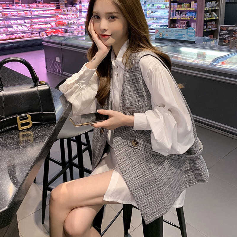 Casual Fashion Suit 2020 New Female Foreign Pie Light Cooked Lantern Sleeve Shirt Plaid Suit Waistcoat two sets