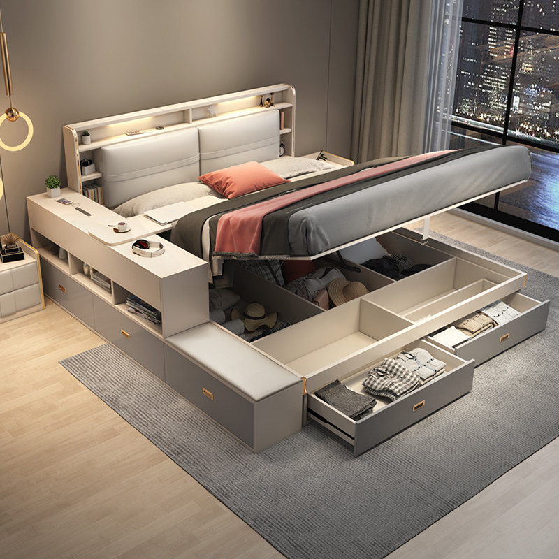 Bed modern simple high box storage bed small family master bedroom air pressure double bed Nordic luxury tatami storage bed