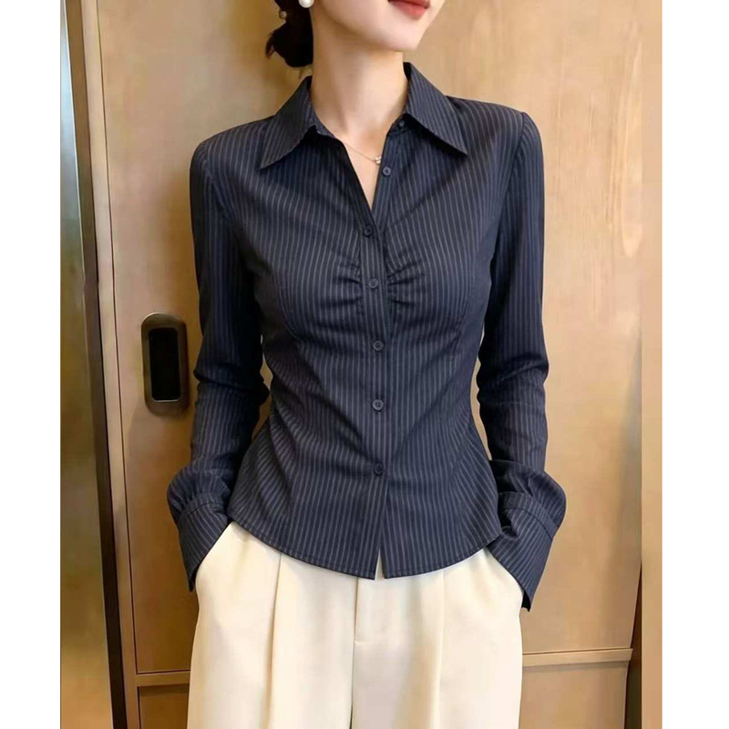 French-Style Navy Blue Striped Long-Sleeve Shirt for Women, 2026 Autumn New Collection, Waist-Cinching Pleated Slimming Shirt with a High-End Feel French-Style Navy Blue Striped Long-Sleeve Shirt for Women, 2026 Autumn New Collection, Waist-Cinching Pleated Slimming Shirt with a High-End Feel
