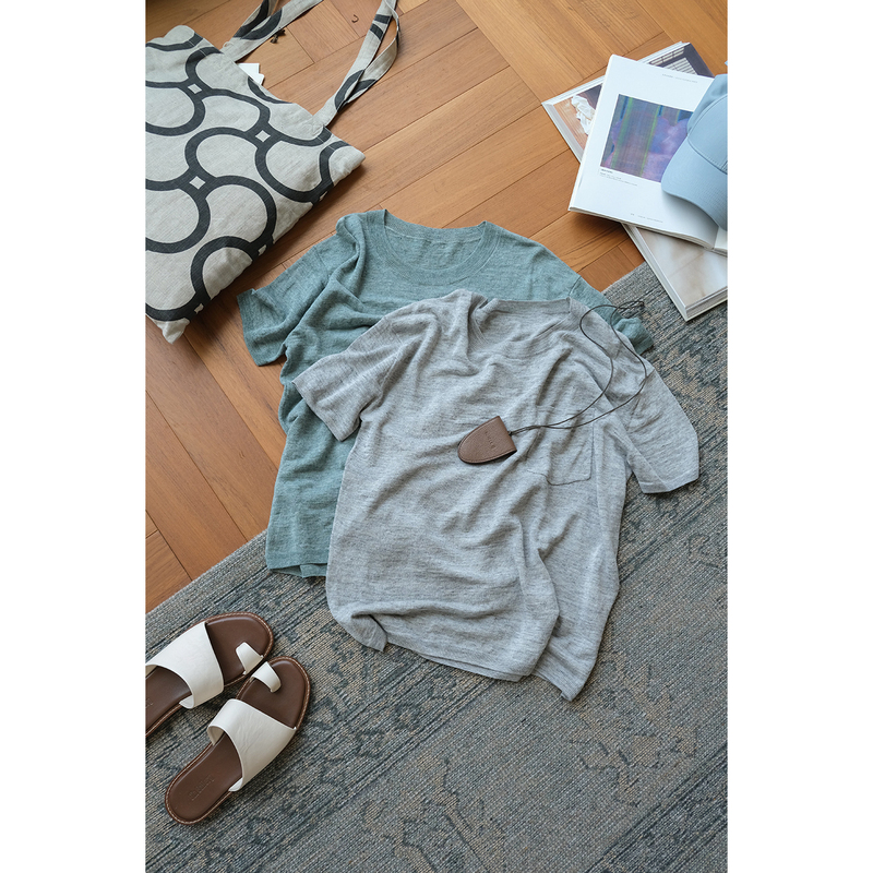 Special Gin Gallery / Floral Linen Blend Pocket Style Casual Breathable Short Sleeve Knit Shirt