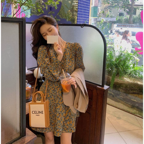 Осеннее ретро шифоновое платье, юбка, коллекция 2022, подходит для подростков, французский ретро стиль, V-образный вырез, в цветочек