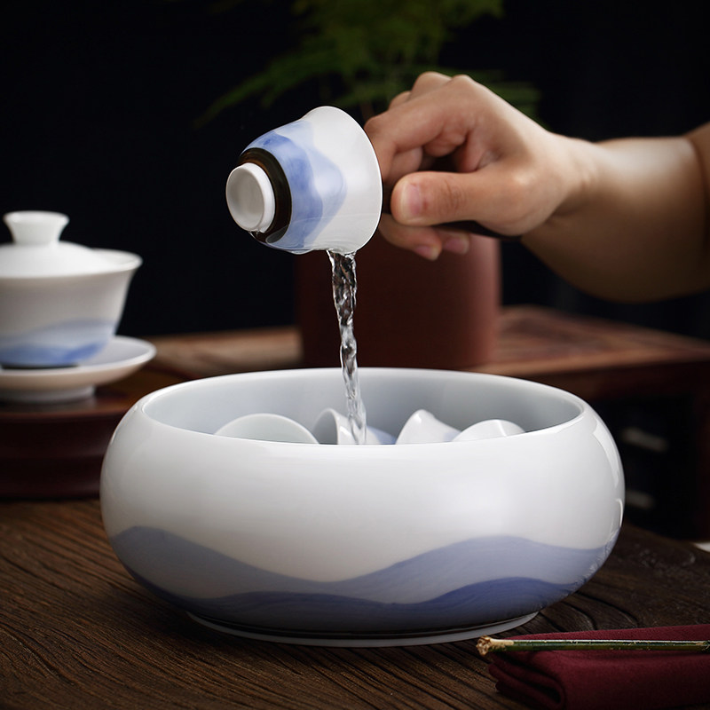 Retro tea washing household large Zen Japanese ceramic cup washing extra large water bowl Kung Fu tea set accessories washing tea cup basin