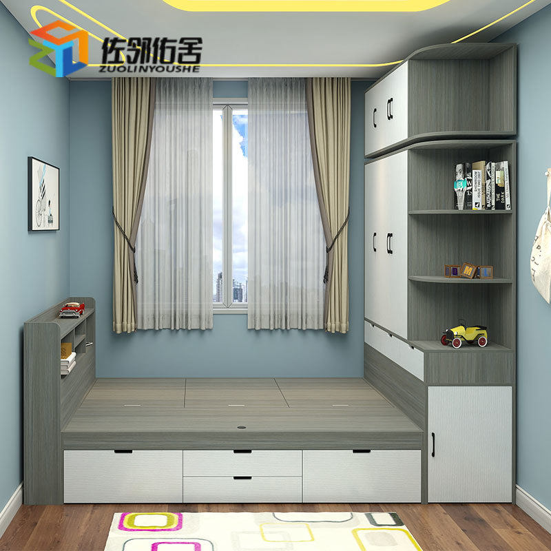 E0 grade rabbit small apartment tatami bed wardrobe integrated simple bedroom high box storage drawer multi-layer solid wood