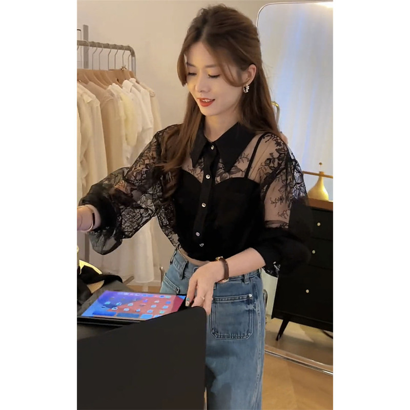 French-Style Black Lace Long-Sleeve Shirt with Hollow-Out Design for Women, Summer Elegant Court-Style Loose Short Lace-Up Top